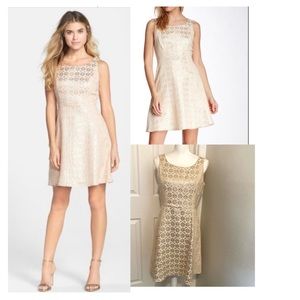 JESSICA SIMPSON Champagne Metallic Lace Fit and Flare Dress